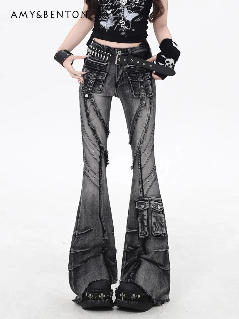 

American Retro Hot Girl Low Waist Heavy Industry Slim Pocket Cargo Pants Women Street Punk Style Y2K Flared Pants Summer New