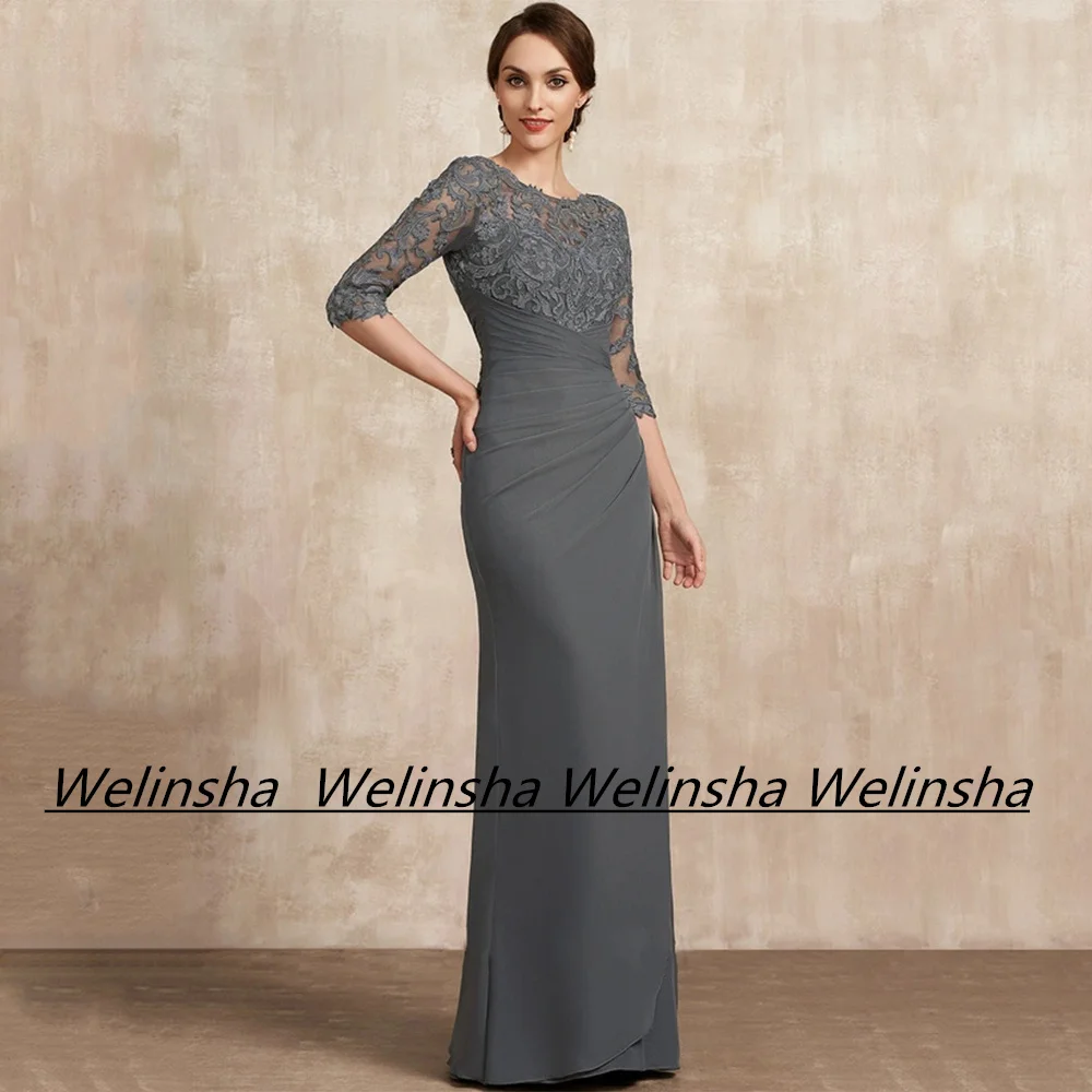 

Dark Grey Chiffon Mother of The Bride Dresses with 3/4 Sleeves Scoop Neck Applique Pleat Waist Sheath Long Wedding Guest Gown