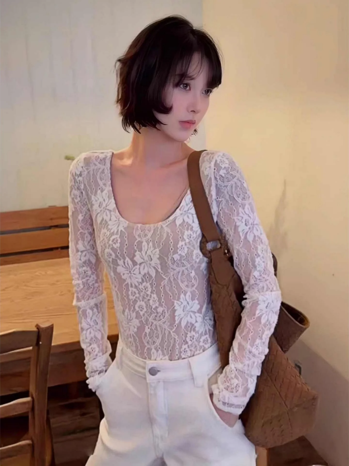 Faionable Lace Trim Fit T-irt Casual Sle Long Sve Square Collar Plant Floral Patterned One-Piece irt for Women