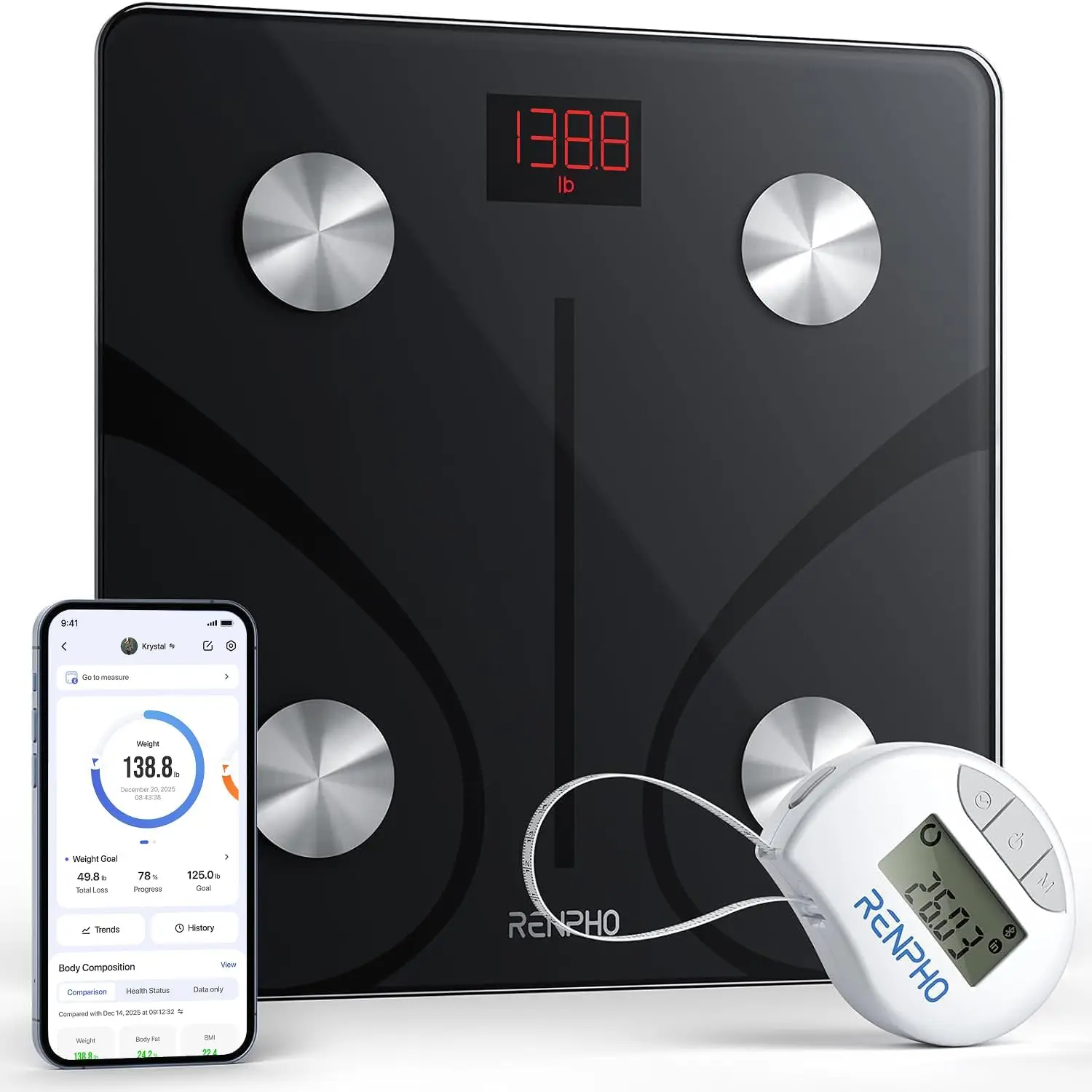 

Smart Body Scale with Bluetooth Tape Measure for Weight Loss and Muscle Gain, Accurate to 0.2 lbs, Up to 400 lbs Capacity