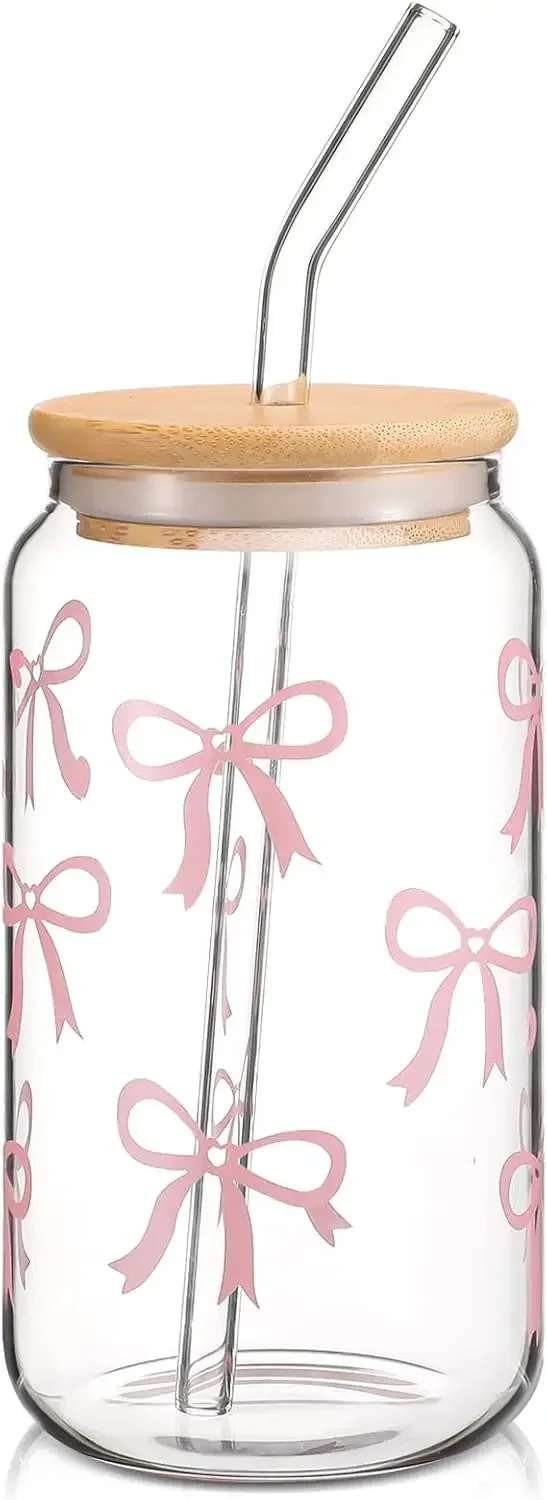 

Coquette Bow Aesthetic Cup，16oz Bow cup ，Pink Bow Iced Coffee Cup with Lid,Straw,Cleaning Brush