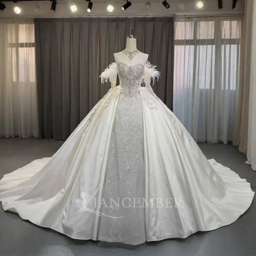 Modest Removable Sleeves Bridal Dress Sparkly Sequins Beads Wedding Gown Pearl Ball Gown Bride Customized Robe Vestido De Novia
