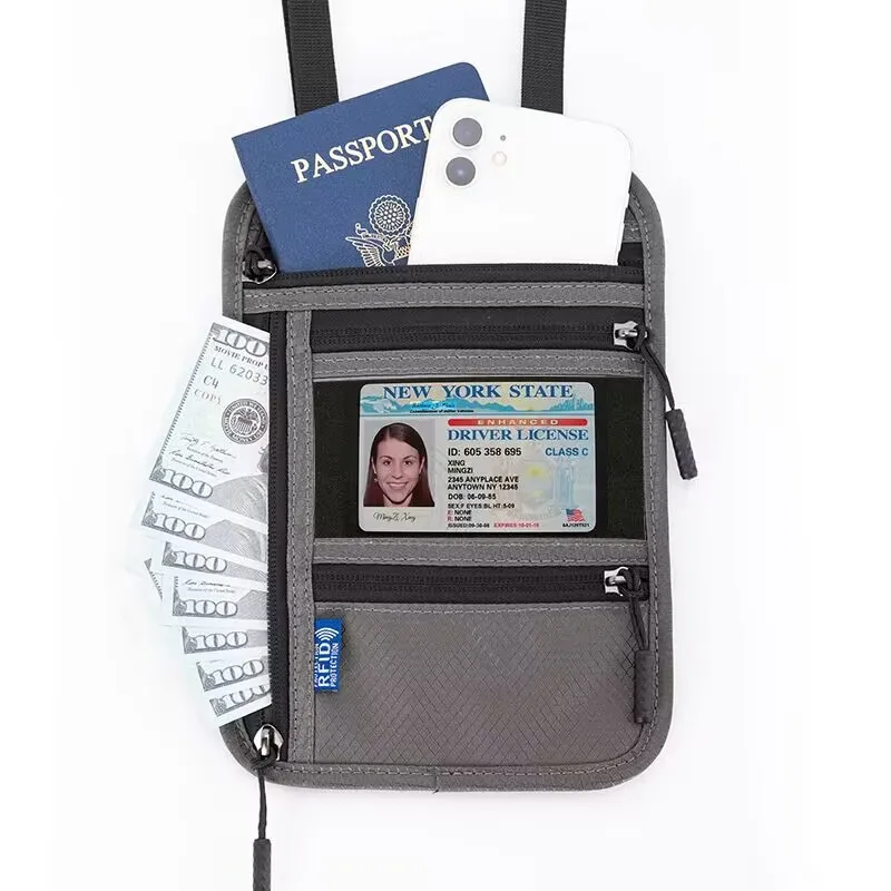 1Pc Multi-functional Neck Hanging Passport Holder Travel Portable Ticket ID Card Anti-loss Shoulder Bag Crossbody Bag RFID Purse