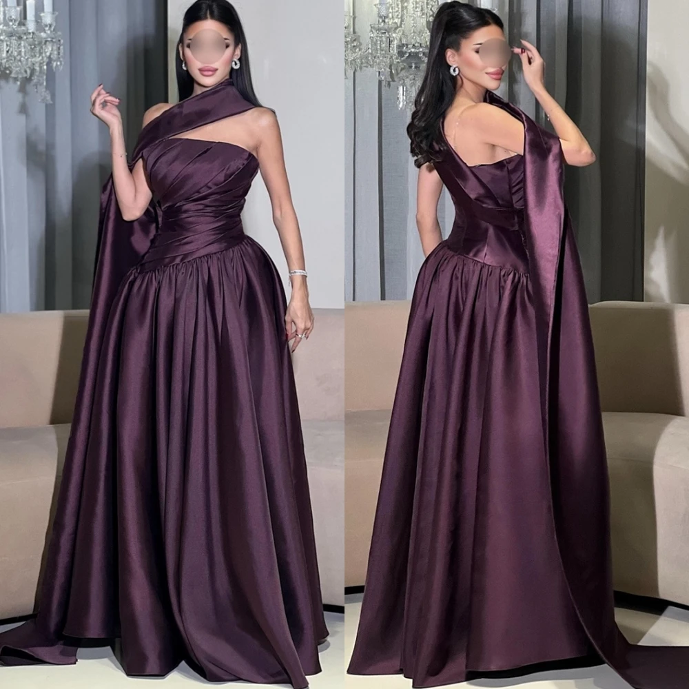 

Customized Luxury Satin Strapless Evening Dress Simple Court Train Prom Dresses Modern Sleeveless Special Occasion Gowns