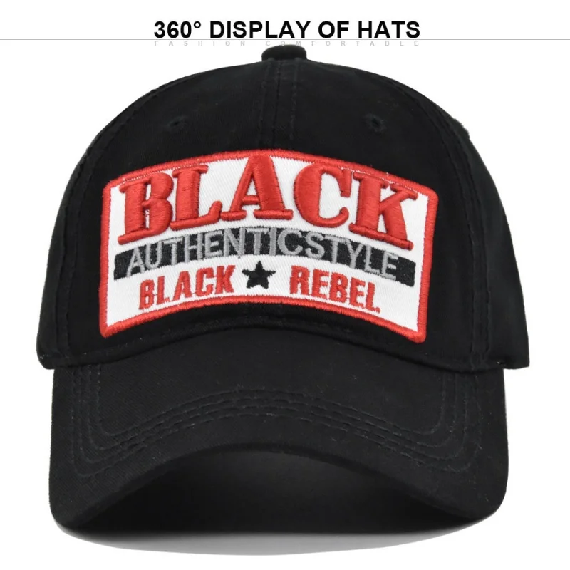 Black Rebel Patch Embroidered Baseball Cap, Authentic Style Street Washed Dad Hat for Men Women