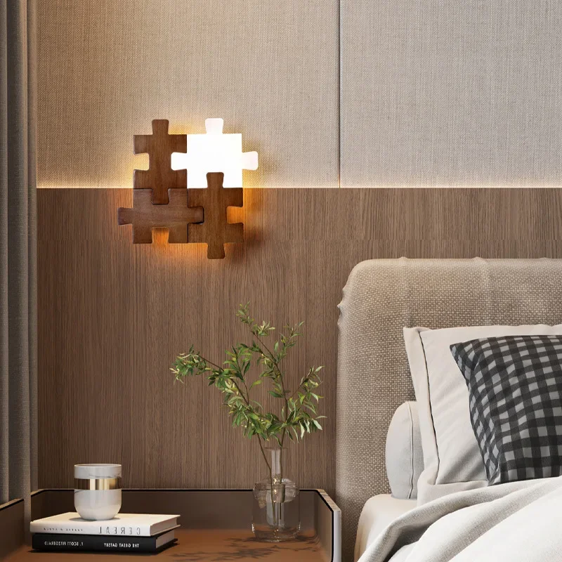 Building block wall lamp Bedroom bedside lamp Modern minimalist entrance corridor aisle lamp Creative walnut personalized