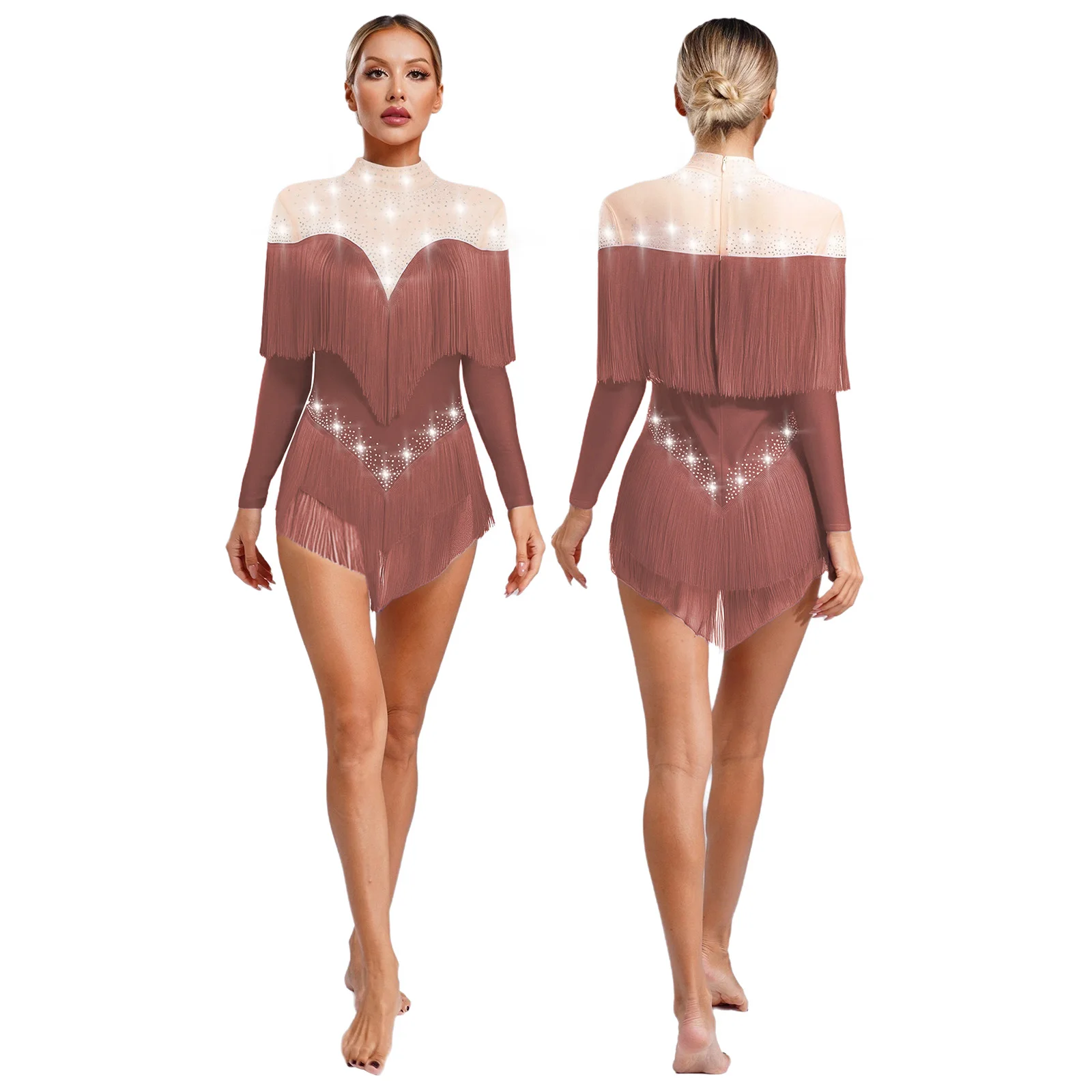 Damski kombinezon z frędzlami, nowoczesny strój do tańca latynoamerykańskiego i jazzu, sukienka, strój gimnastyczny z dżetami, kombinezon do łyżwiarstwa figurowego, kostium sceniczny.