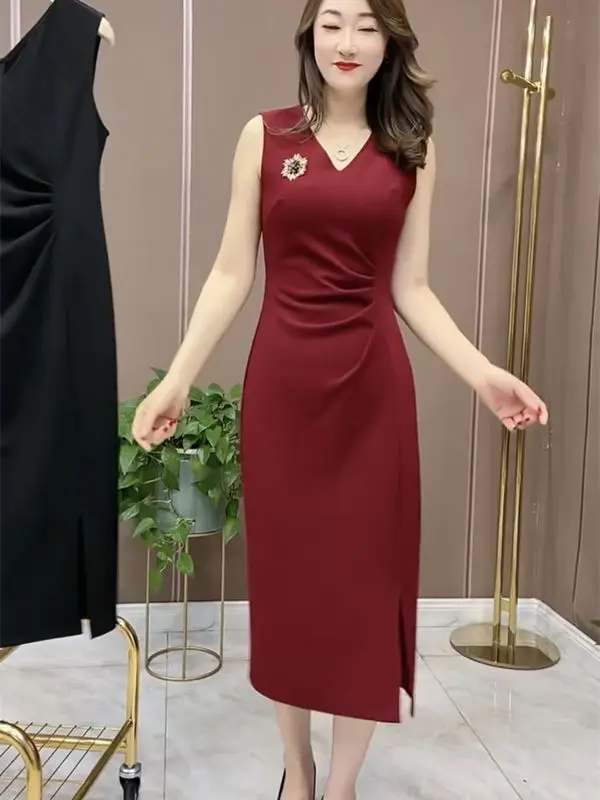 Internet Celebrity ใหม่แฟชั่น Slim High-end ยุโรปสไตล์ Slim V คอชุดเดรสแขนกุด