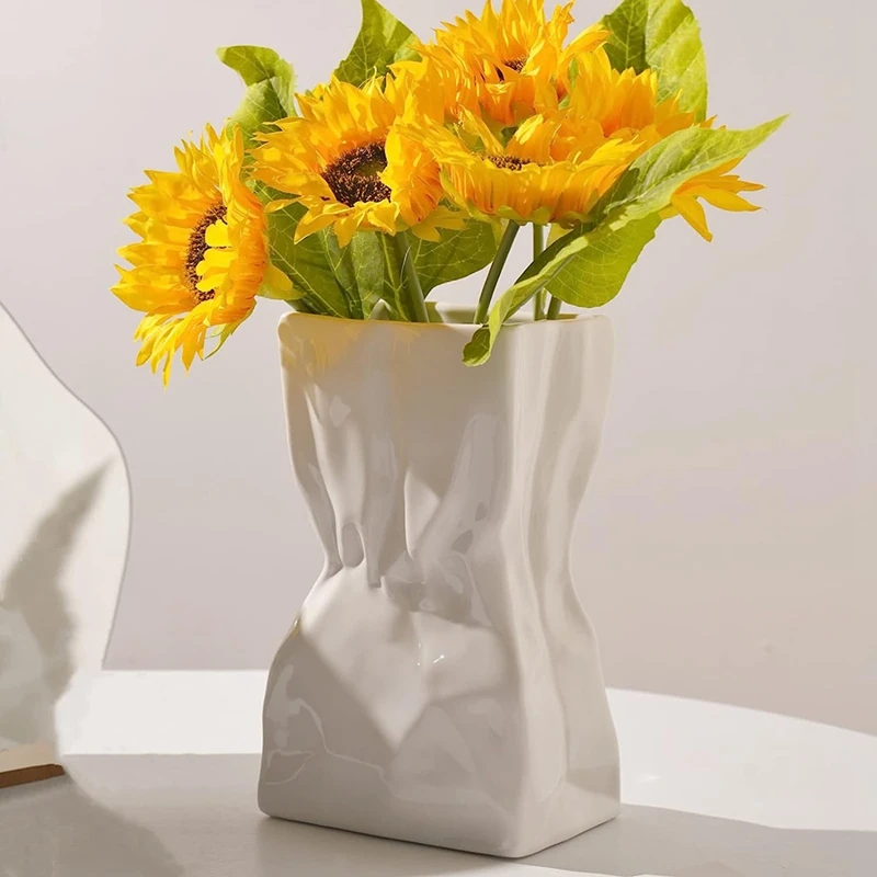 

White Pleated Ceramic Floral Vase Wide Mouth Paper Bag Flower Vases Vase For Home Room Table