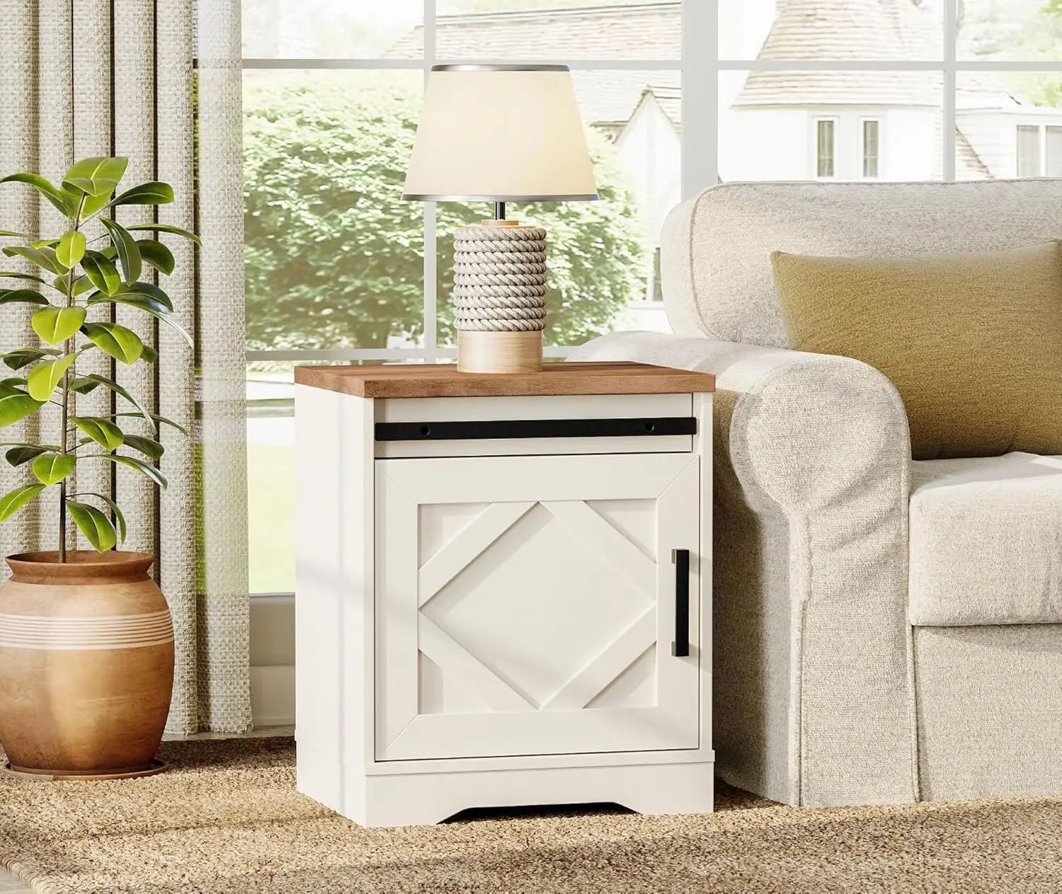 

End Table, Pedestal Side Table with Drawer and Cabinet Wood Bedside Table Nightstands for Living Room Bedroom，Cream White