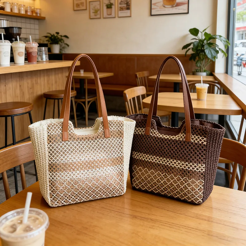 

New Ins Paper Rope Large Capacity Shoulder Bag Fashion Hollow Out Versatile Commuting Bag Casual and Simple Beach Bag for Women