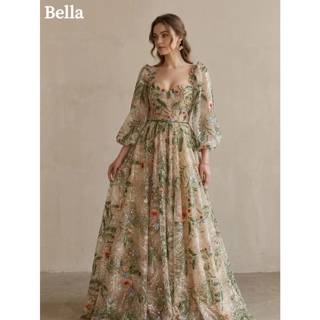 Bella Customized Sweetheart Neck Puff Sleeve Prom Dress Floral Fabric vestidos de noche All Over Glitter Evening Dresses 2026