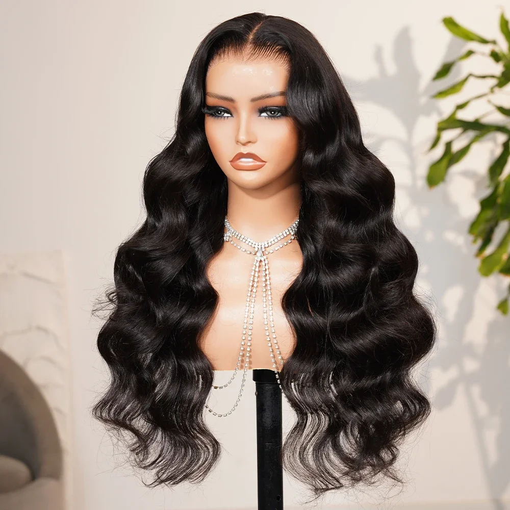 

Long 26Inch Natural Black 200Density Body Wave Lace 5x5 Silk Base Human Hair Wig For Women BabyHair Preplucked Glueless