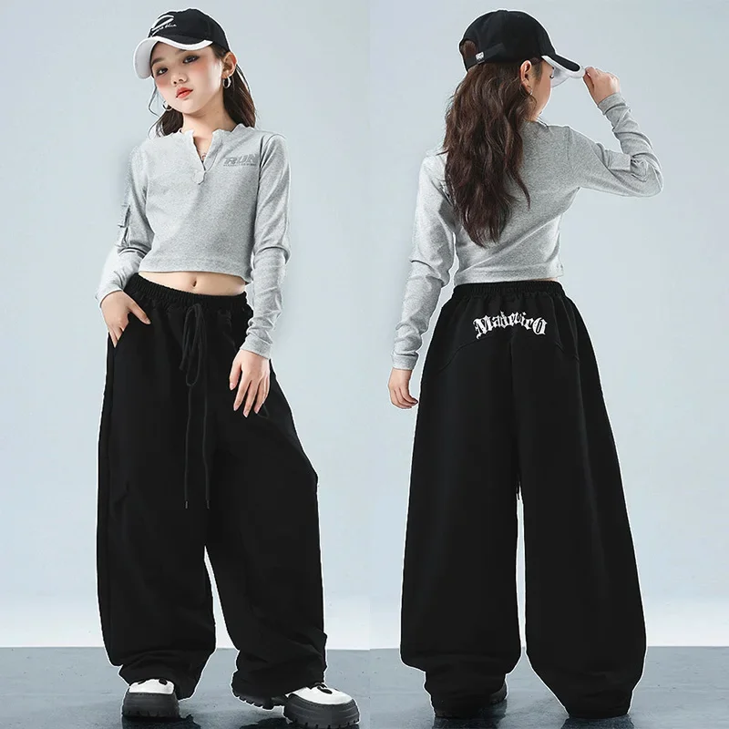 

Hip Hop Kpop Stage Costume Children Urban Dance Clothes Gray Long Sleeve Top Black Shuffle Pants Jazz Street Dance Clothing