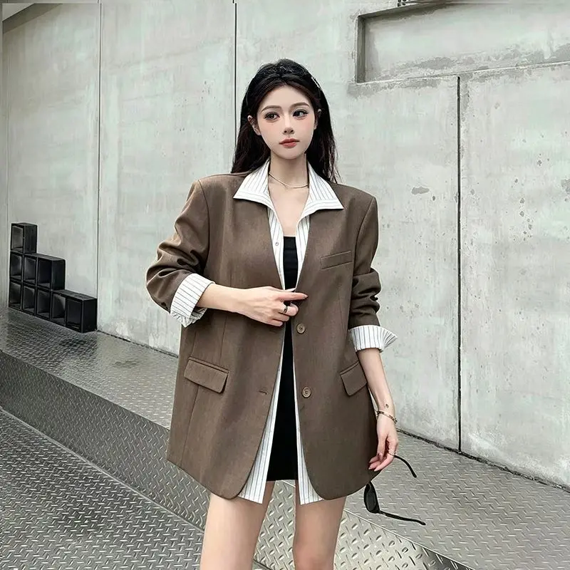 Autumn New Long-sleeve Striped Patchwork Faux-two Blazer For Women Stylish Unique Shoulder Pads Jacket Korean Streetwear Coat