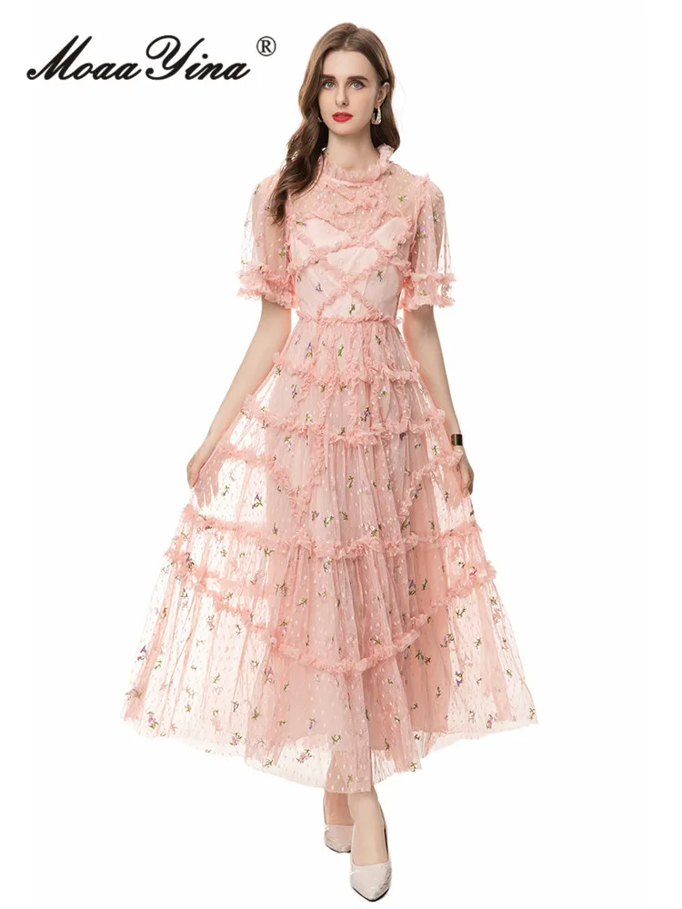 

MoaaYina Autumn Fashion Runway Fairy Princess Dress Women Small Floral Print Lace Net Yarn Flare Sleeve Ankle-Length Dresses