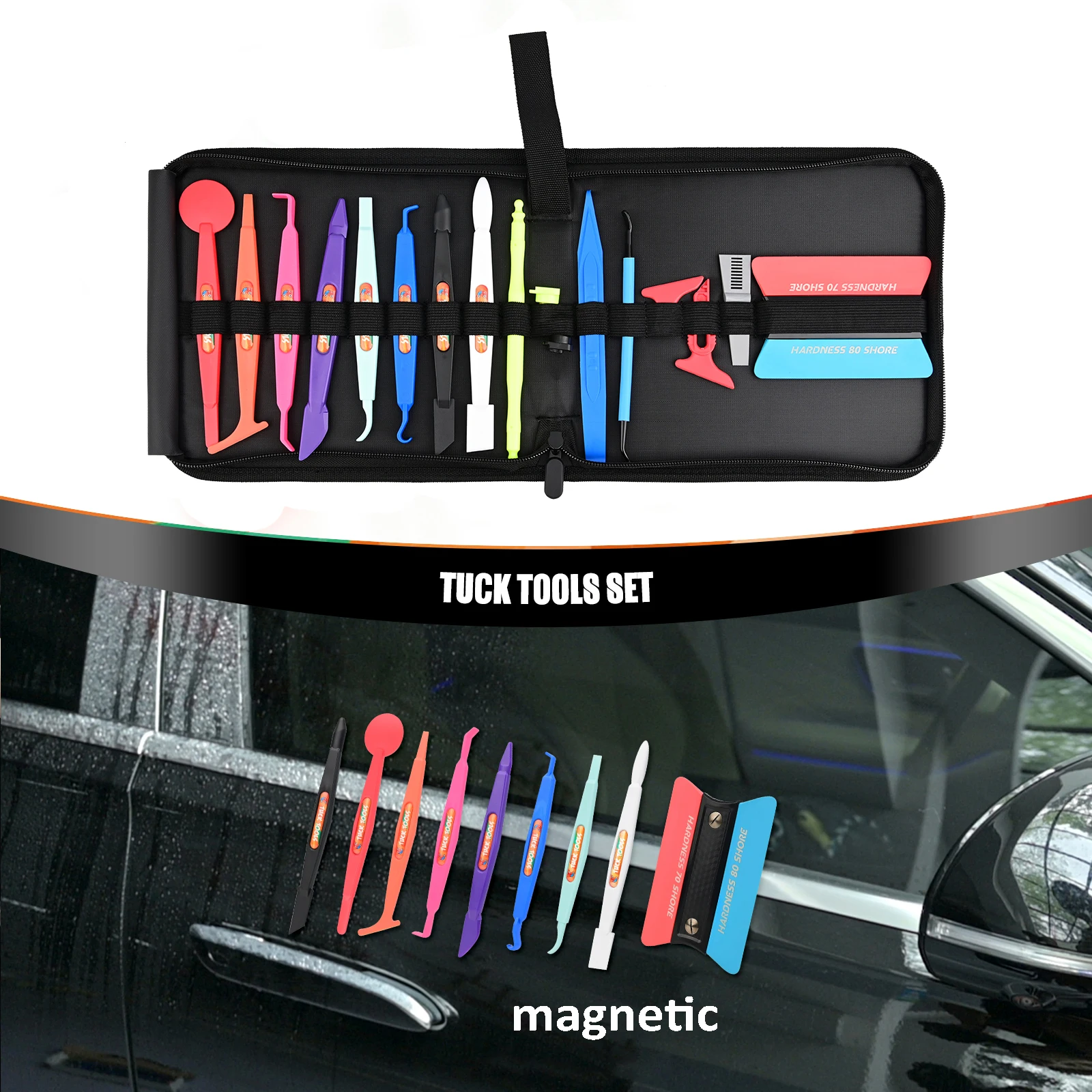 FOSHIO 17pcs/Pack Double-End Magnetic Wrap Stick Vinyl Wrap PPF Trimming & Tucking Tools Set Window Tint Edge Sealing Squeegee