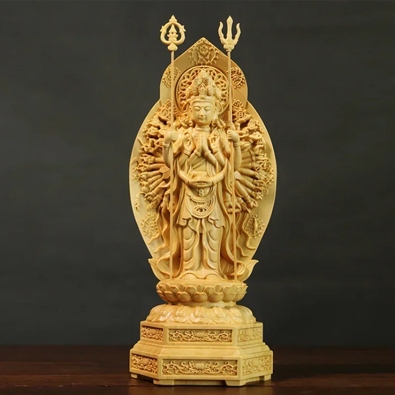 

20cm Feng Shui Boxwood Thousand-Hand Guanyin Carving Sculpture Home Decor Solid Wood Buddha Statues