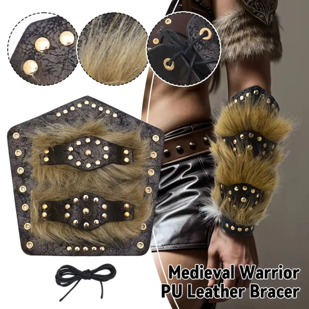 

Faux Leather Viking Wrist Guards Three-Strap Adjustable Armor Wrist Guards Rivet Leather LARP Faux Fur Wrist Guard