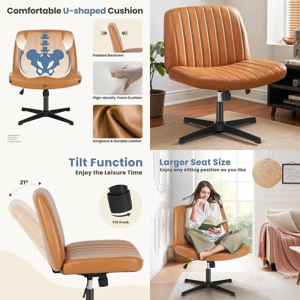 

Adjustable Swivel Chair for Home Office Desk, Armless Leather Seat, Comfortable Vanity Chair, Brown