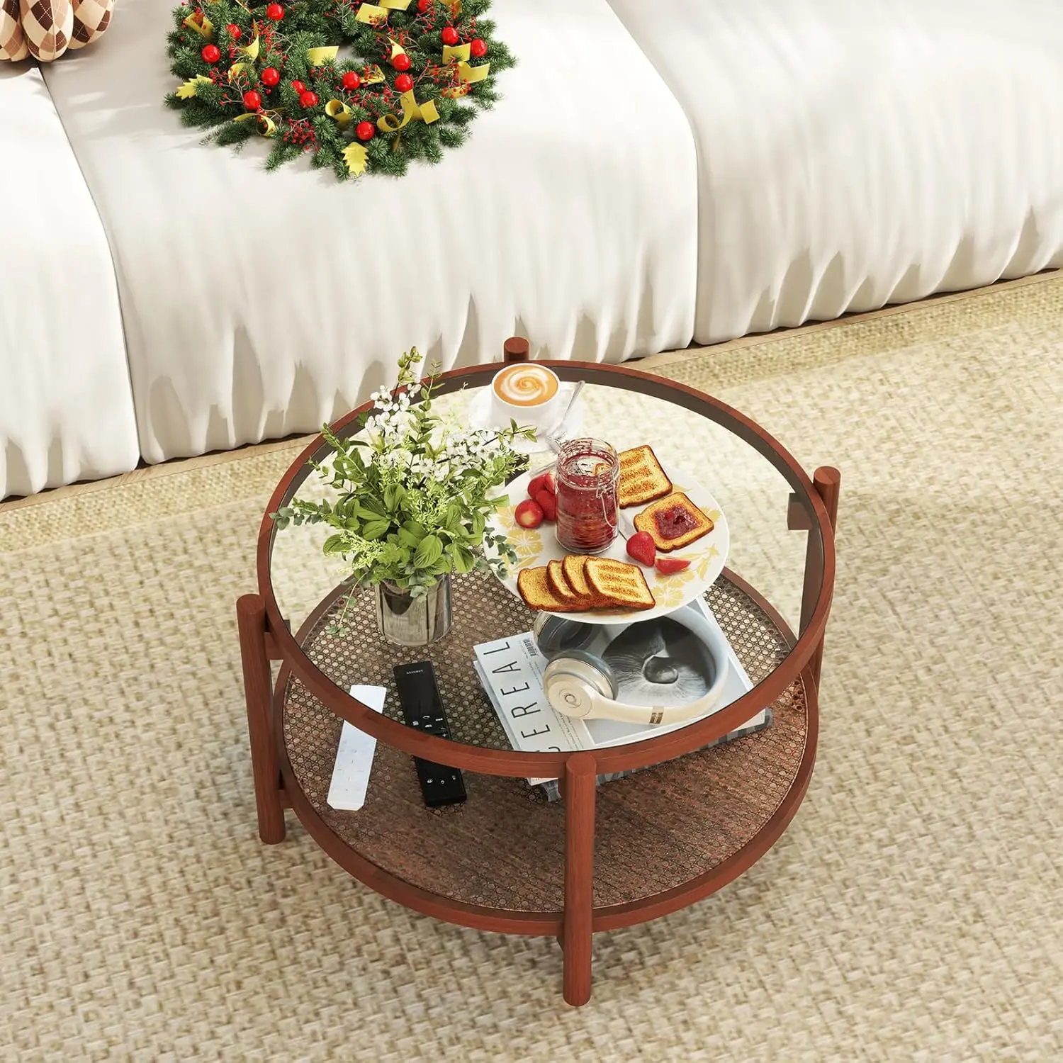 Boho 2-Tier Round Rattan Coffee Table - Glass Top with PE Rattan Storage Shelf & Wood Frame,