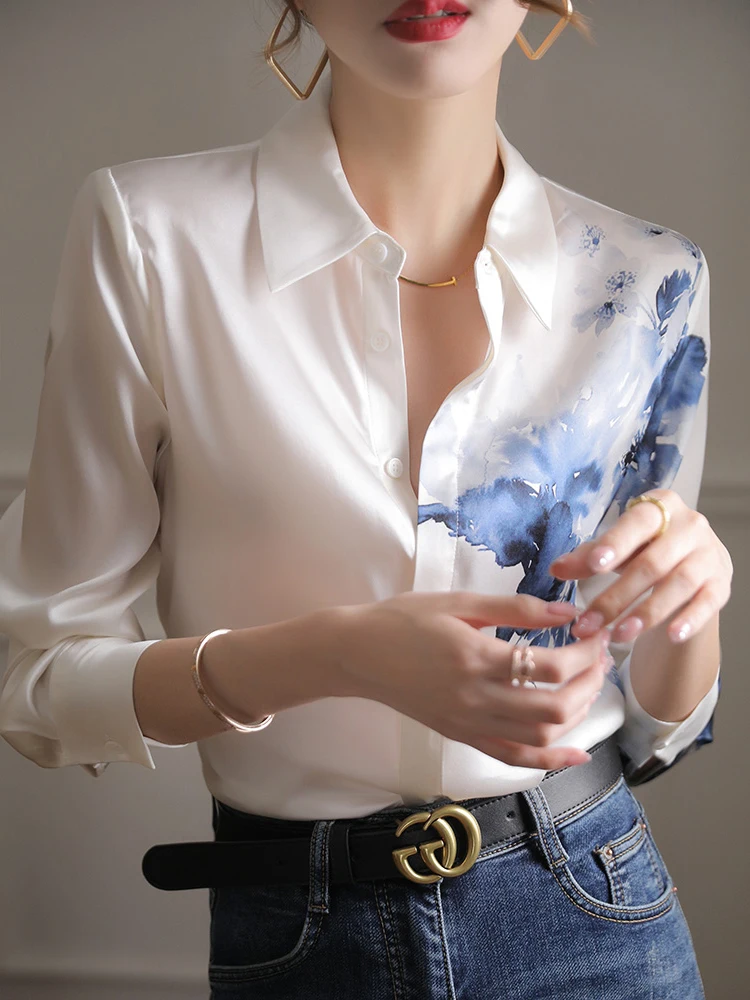 

Elegant Long Sleeve Silk Satin Shirt Women's Water-Media Print Business Casual Spring Autumn Top Korean Style Loose Fit