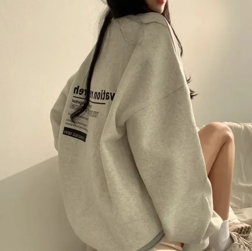 Y2k New Gray Women Oversized Sweatshirts Cotton Letter Print Hoodies Tops O-Neck Long Sleeve Autumn Winter Sweatshirt Pullovers