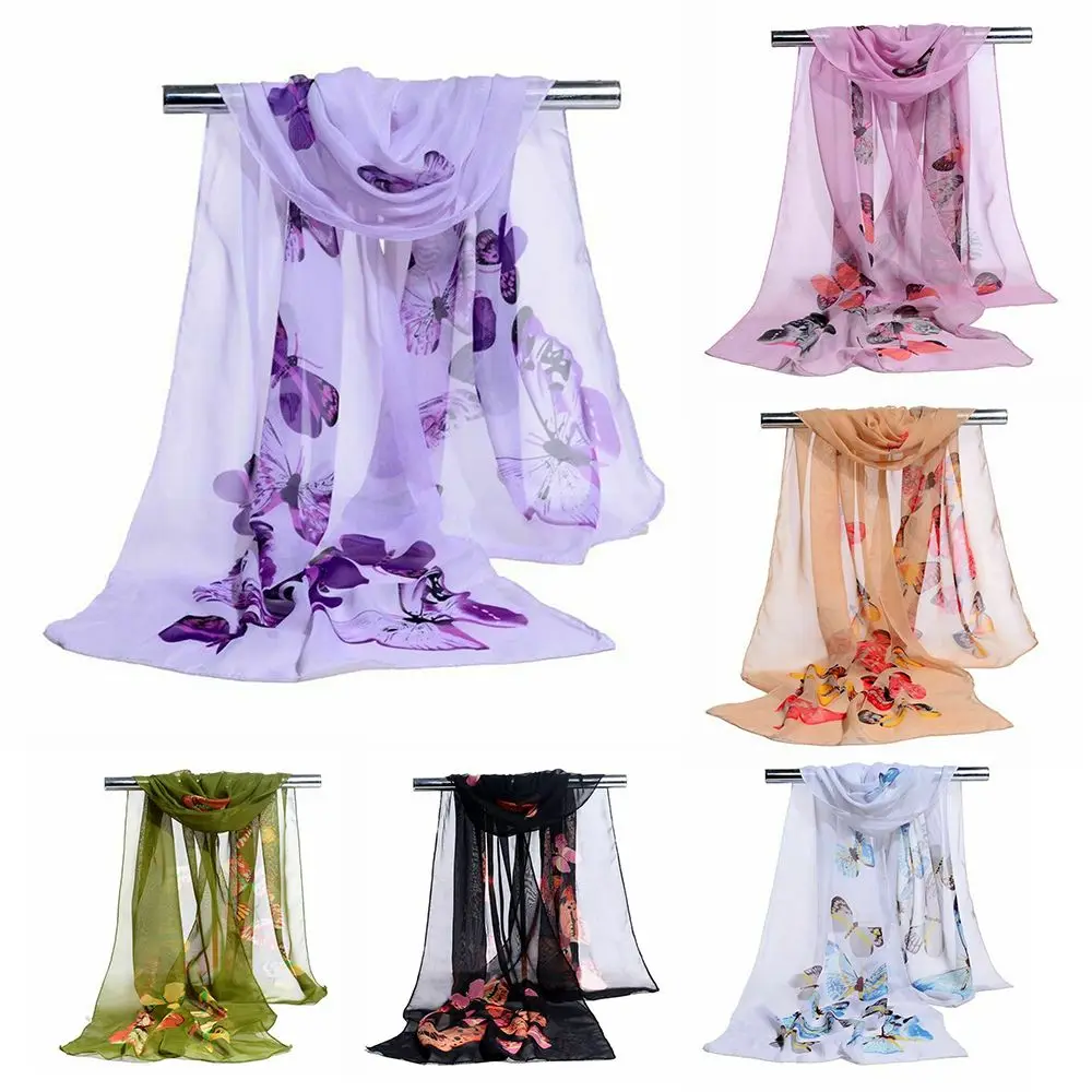 Sciarpa di seta con scialle da donna con stampa floreale a farfalla morbida sciarpa lunga in Chiffon