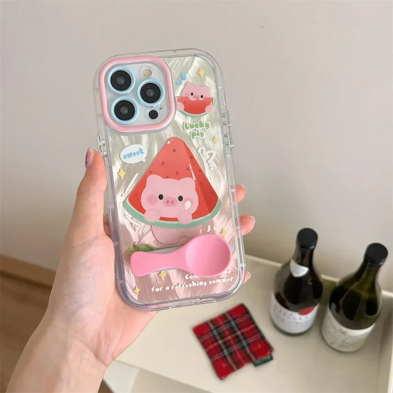 Funny Watermelon Piglet Phone Case for iPhone 15 14 13 Pro Max  15pro Lasers Cover Women Cartoons Spoon holder Protection Cases