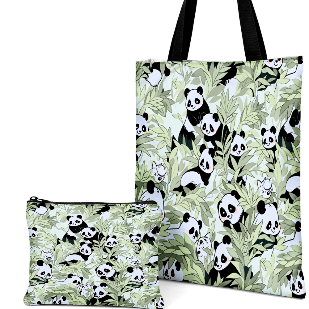 Panda Print Handbag Bamboo Pattern Tote Bags And Makeup Bag Combination Everyday Use For Women And Girls Portable Pouch