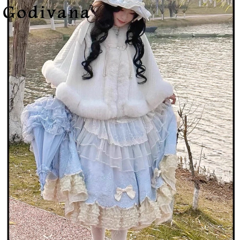 

Autumn Winter Women Sweet Plush Fashion Age-reducing Lace-up Short Shawl Jacket Sweet Thickened Versatile Loose Lolita Cape