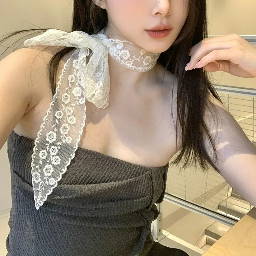 

Korean Premium White Flower Embroidery Lace Scarf Belt for Women Spring Summer Versatile Elegant Long Ribbon
