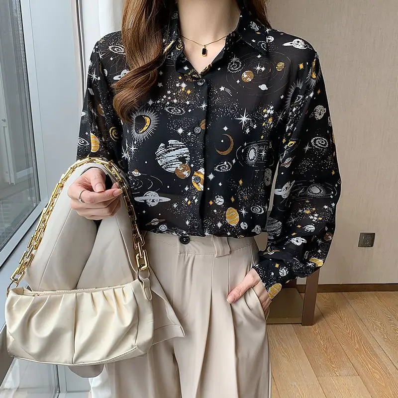 Women Clothing Spring Autumn Trendy Print Harajuku Y2K Shirt Sexy Sheer Long Sleeve Chiffon Blouse Casual Loose Tops Chic Blusas