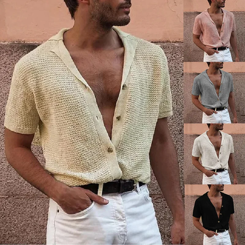 

2025 Fashion Men's Casual Short Sleeve Top Knitted Single-breasted Gentleman's Cardigan Lapel Sweater European and American