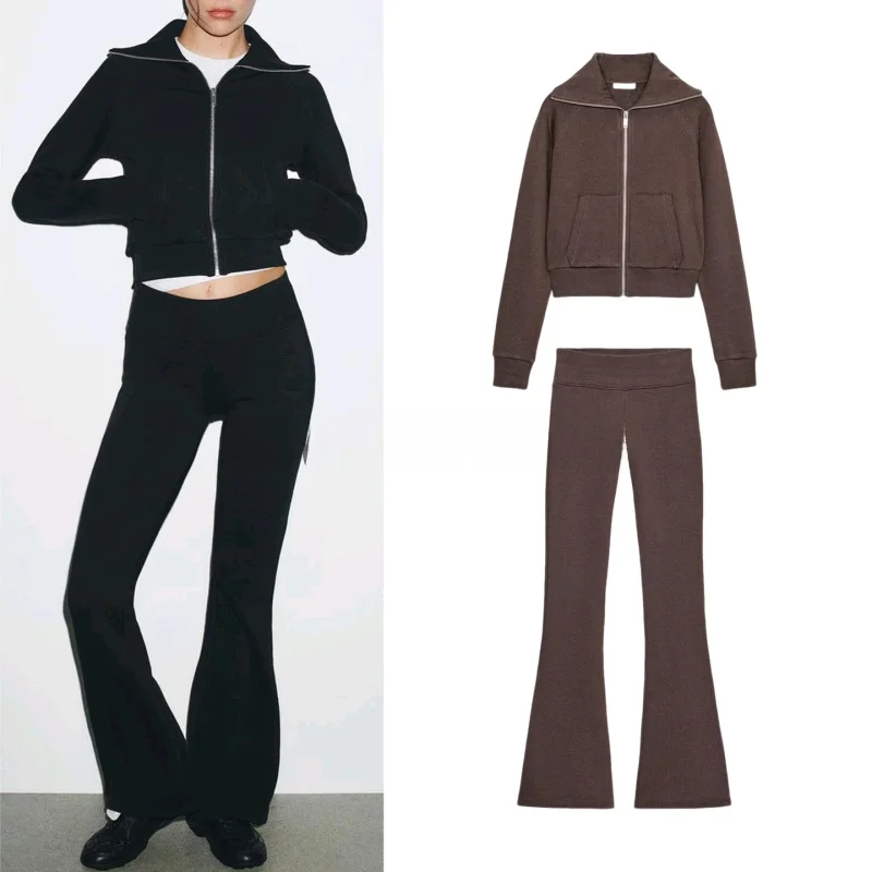 

Women's Fashion Autumn Set High Waist Flared Pants And Fleece Jacket Zipper Decorated Long Sleeve Turn-down Collar Coat