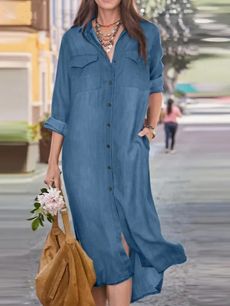 Women Eid Muslim Dresses Dubai Arab Loose Kaftan Islam Denim Dress Single Breasted Morocco Vestidos Solid Casual Pockets