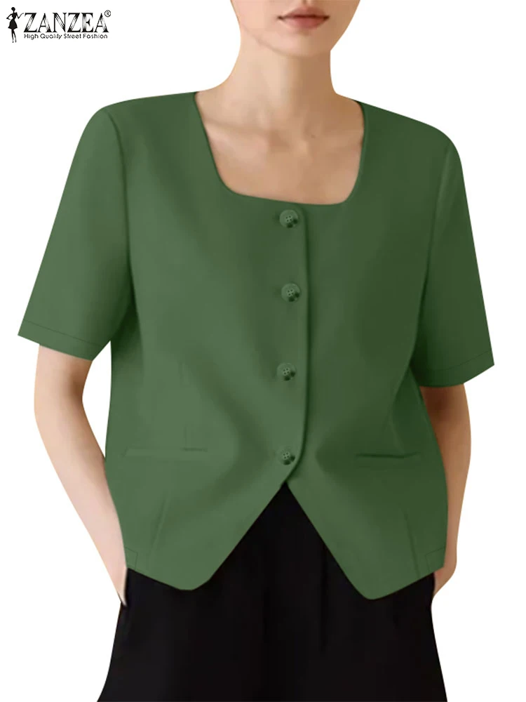 ZANZEA-Chemise à Manches Courtes et Col Carré pour Femme, Chemisier Élégant, Décontracté, à la Mode, de Couleur Unie, avec lèvent, pour le Travail, Collection Été 2024