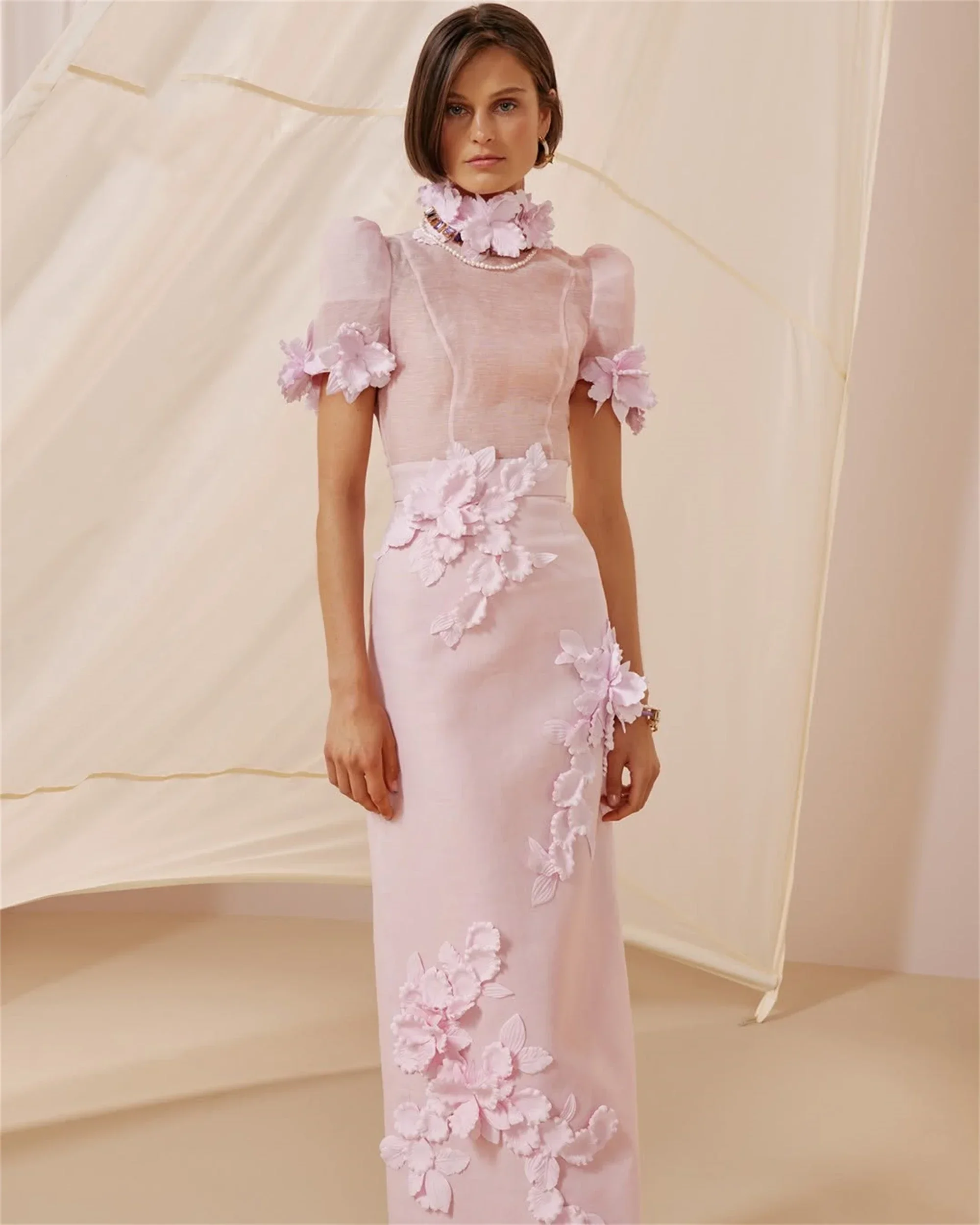 

Customized Graceful Jersey Straight 3D Flowers Evening Dress High Quality Floor Length High Collar Short Sleeves Prom Gowns