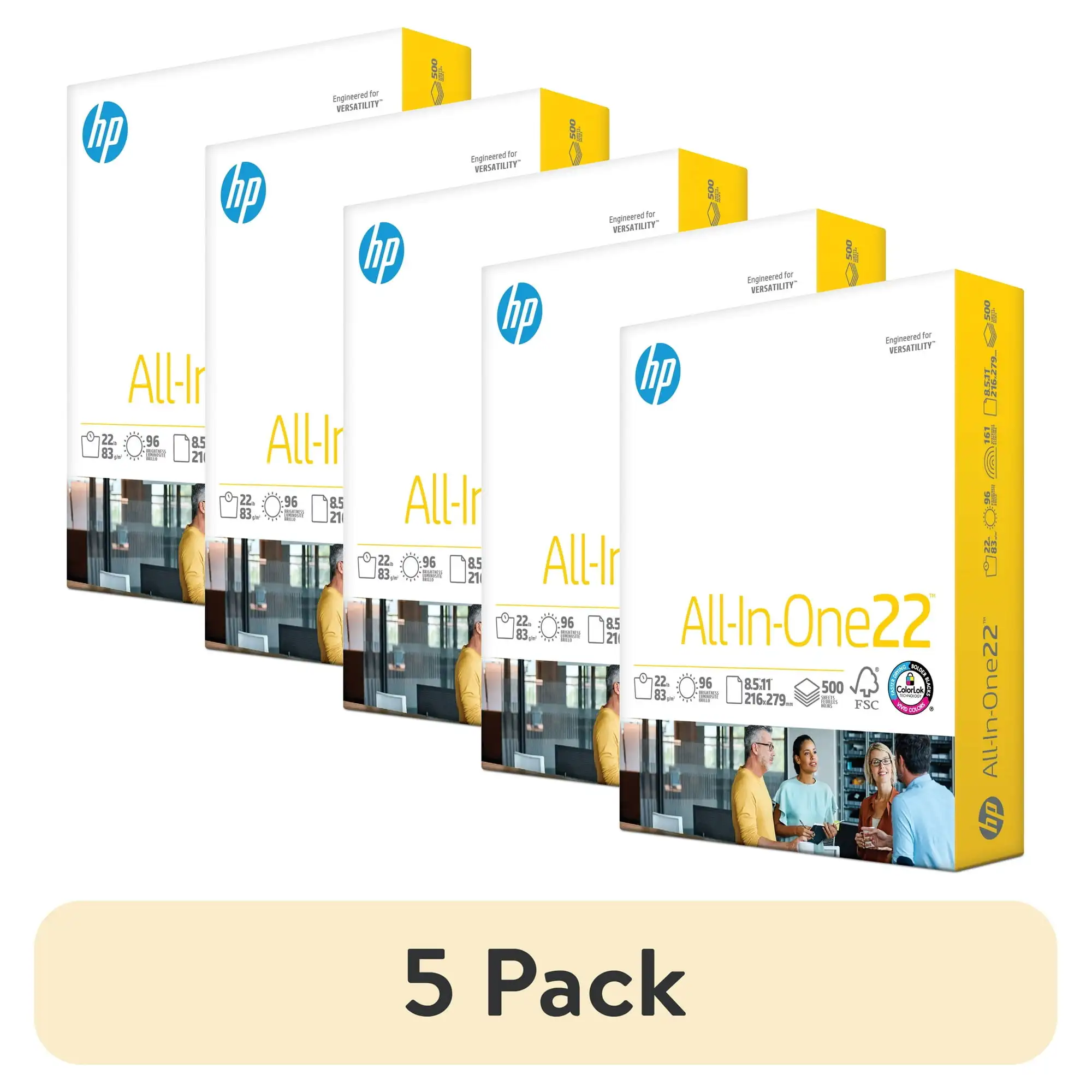 

(5 pack) HP All-in-One22, 22lb, 8.5 x 11, White, 1 Ream (500 Sheets)