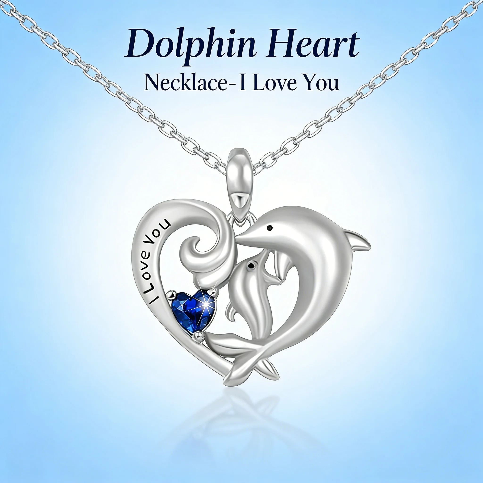 Zinc Alloy Mom Baby Dolphin Heart Necklace Blue Faux Crystal 