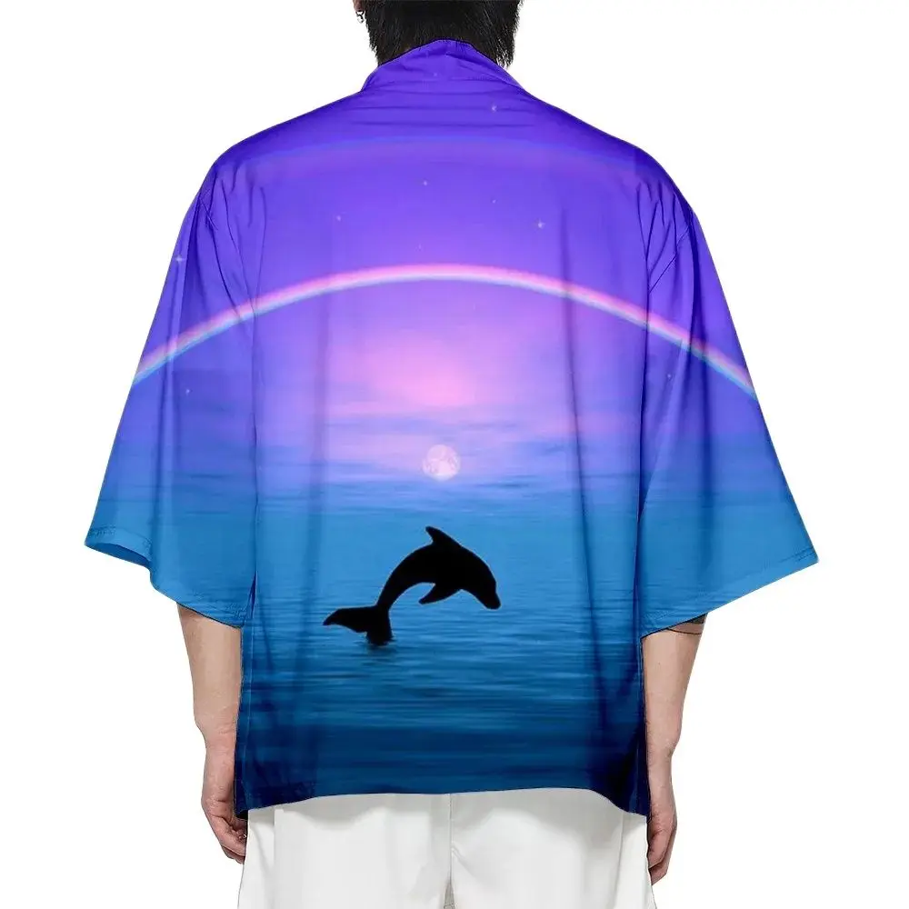 Summer Samurai Kimono Men Cosplay Stylish Cute Dolphin Print Haori Streetwear Kimono Fashion Yukata Japanese Cardigan Robe