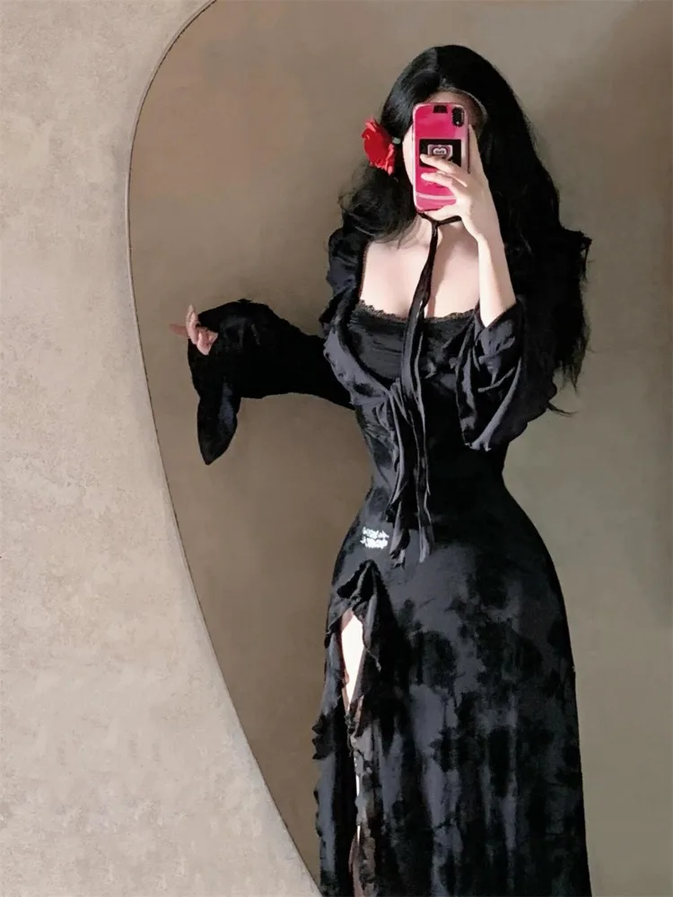 

Side Slit Asymmetrical Black Dress Skirt Women Bell Sleeve Sunproof Cardigan Printed Ruffled Dress Elegant Party Evening Gown