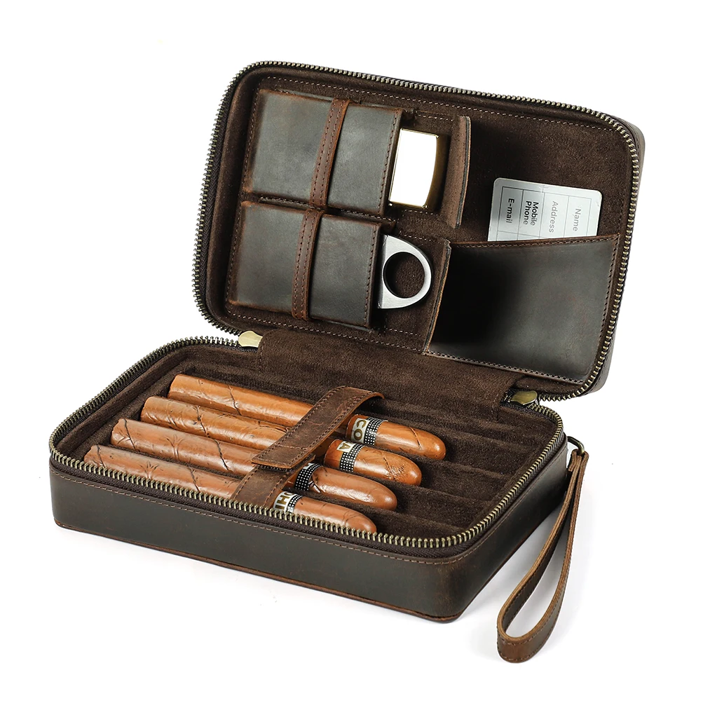 Vintage Genuine Leather Cigar Humidor Box Travel Storage Case for 4 Cigars Accessories Lighter Cigar Cutter Humidifier Bag