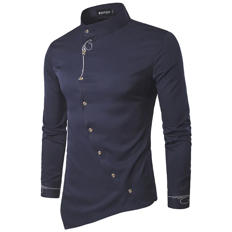 Fashion Mens Hipster Long Sleeve Embroidery Shirt Personality Oblique Button Irregular Casual Dress Shirt Men Tuxedo Shirts