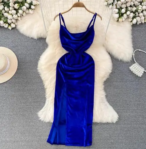

Luxury Evening Dress High End Slim Fit Velvet Tight Suspender Dress Summer Swing Neck Solid Color Sexy Backless Suspender Dress