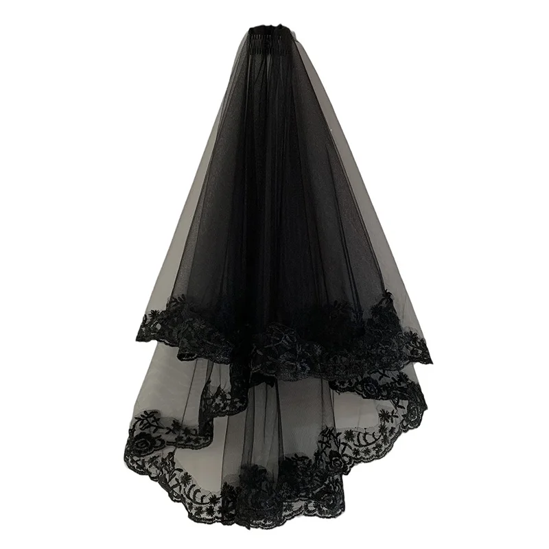 

Black Veil Brides Wedding Veils Lace Short Bridal Veil Fingertip Women’s Veil Halloween 2T with Comb