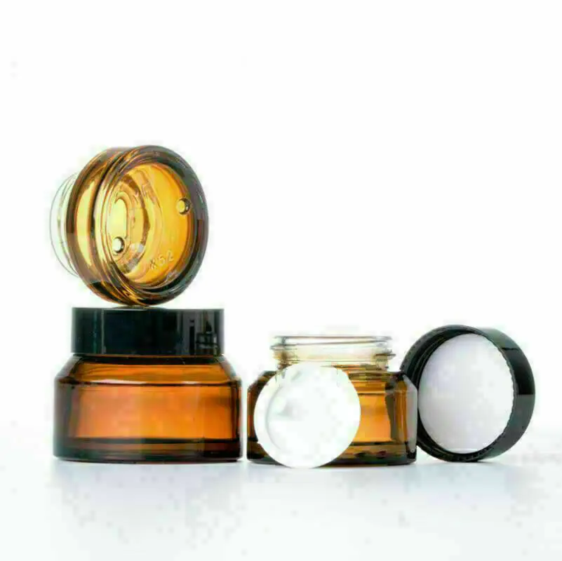 5Pack 15g 30g 50g Round Amber Glass Cosmetic Jars with Inner Liners and Black Lids Travel Jar Refillable Containers Makeup Cream