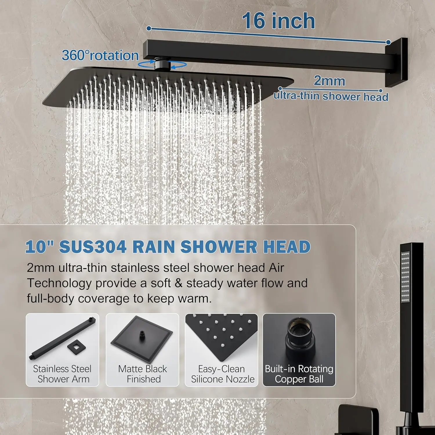 Matte Black Shower System with 10-Inch Rain Head and Handheld Spray, High-Pressure Wall Mounted Set