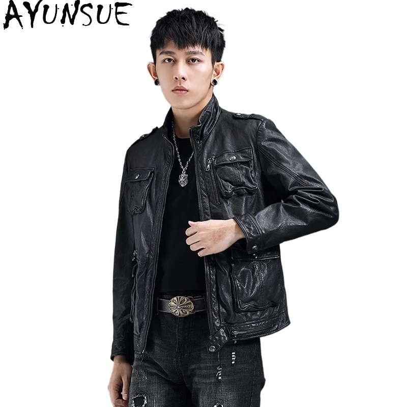 AYUNSUE 100% Real Leather Jacket Men Fashion Men's Motorcycle Suit Stand Collar Genuine Sheepskin Leather Jackets Man Coat 2025