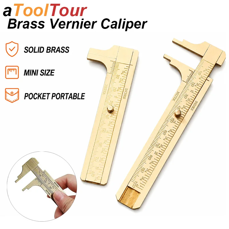 aToolTour Brass Vernier Caliper 80mm 100mm 120mm Ruler Mini Pocket Metric Inch Jewelry Inner Outer Diameter Measuring Tool
